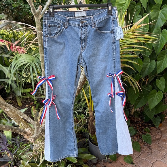 Upcycled Denim - Upcycled Hand Created Denim Jeans sz L Blue White Striped Cotton Flare Unisex